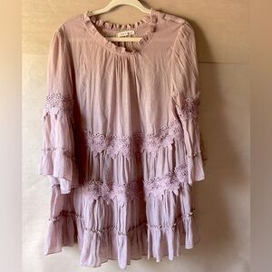 Indigo Soul mini dress. Tiered skirt. Lace trim. Mauve. Size L.